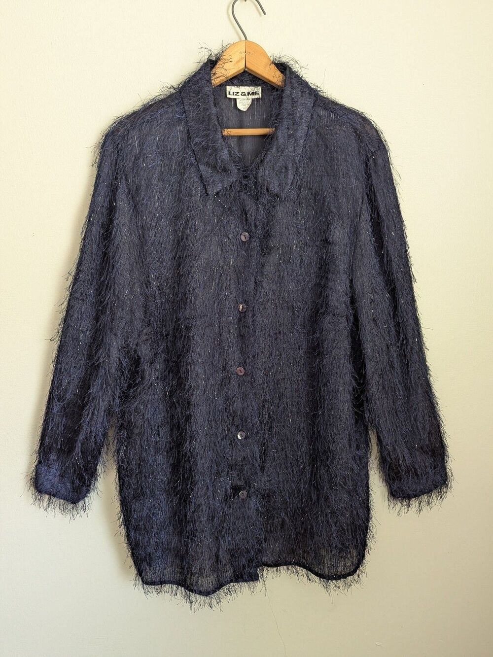 90s Eyelash Shaggy Tunic Blouse Fuzzy Button Up Top Sparkle Soft Navy Blue 2X
